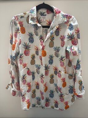 Sigrid Olsen White Linen Blend Shirt with Multicolor Pineapple Print